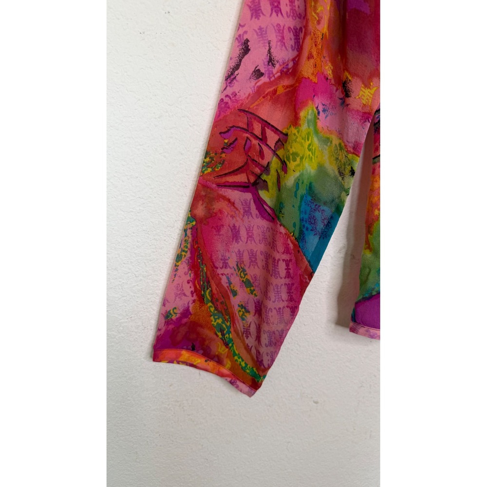 Chico's Women Medium 100% Silk Shirt Sheer Pink Multicolor Art To Wear Top - Picture 14 of 15